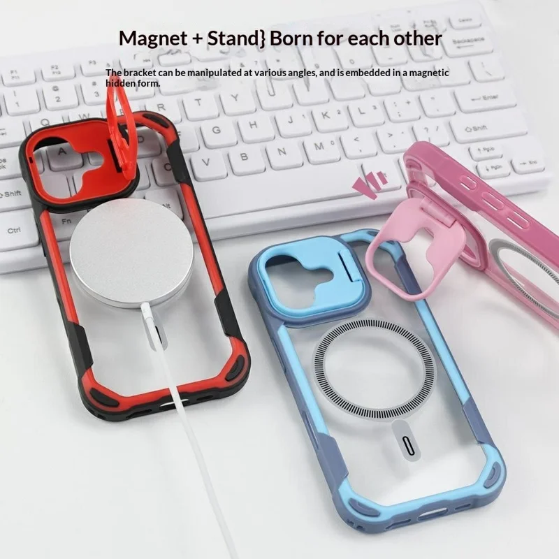 Bulk Purchasing For iPhone 17 Magnetic Case with Lens Kickstand TPU PC Acrylic Phone Back Cover Compatible with MagSafe - Red