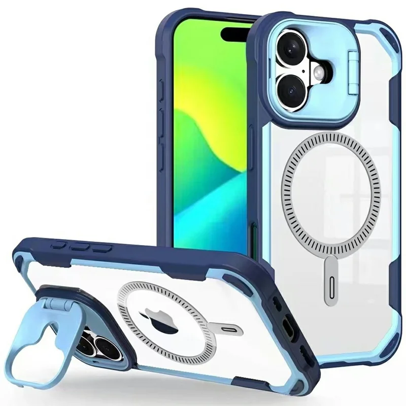 Bulk Purchasing For iPhone 16 Plus Magnetic Case with Lens Kickstand TPU PC Acrylic Phone Back Cover Compatible with MagSafe - Navy Blue
