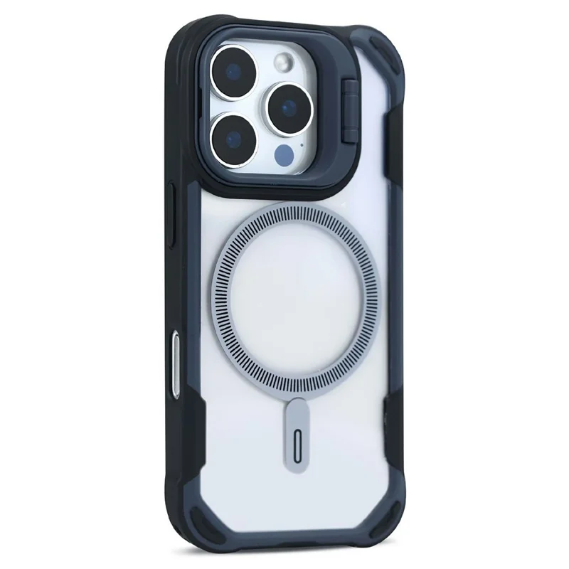 Coque magnétique pour iPhone 16 Pro avec support objectif, housse arrière en TPU, PC et acrylique compatible MagSafe - Bleu marine