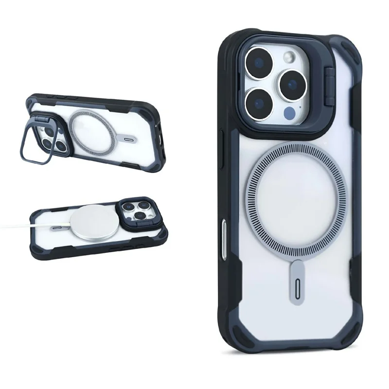 Coque magnétique pour iPhone 16 Pro avec support objectif, housse arrière en TPU, PC et acrylique compatible MagSafe - Bleu marine