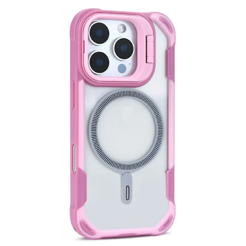 Compra al por mayor para carcasa magnética iPhone 16 Pro Max con soporte de lente plegable, funda trasera de teléfono TPU PC acrílico compatible con MagSafe - Rosa