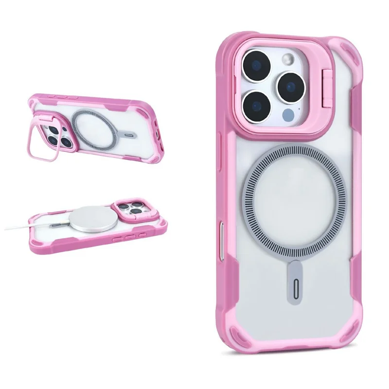 Compra al por mayor para carcasa magnética iPhone 16 Pro Max con soporte de lente plegable, funda trasera de teléfono TPU PC acrílico compatible con MagSafe - Rosa