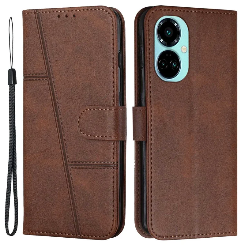 غطاء جلد صناعي بخياطة مغناطيسي لهاتف TECNO Camon 19 Pro 5G مع حامل عرض ومحفظة قلّاب مع حزام - بني