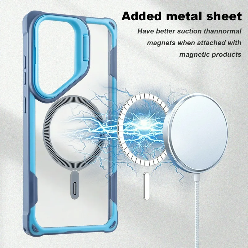 Bulk Purchasing For Samsung Galaxy S24 Ultra Magnetic Case with Lens Kickstand TPU PC Acrylic Phone Back Cover - Navy Blue