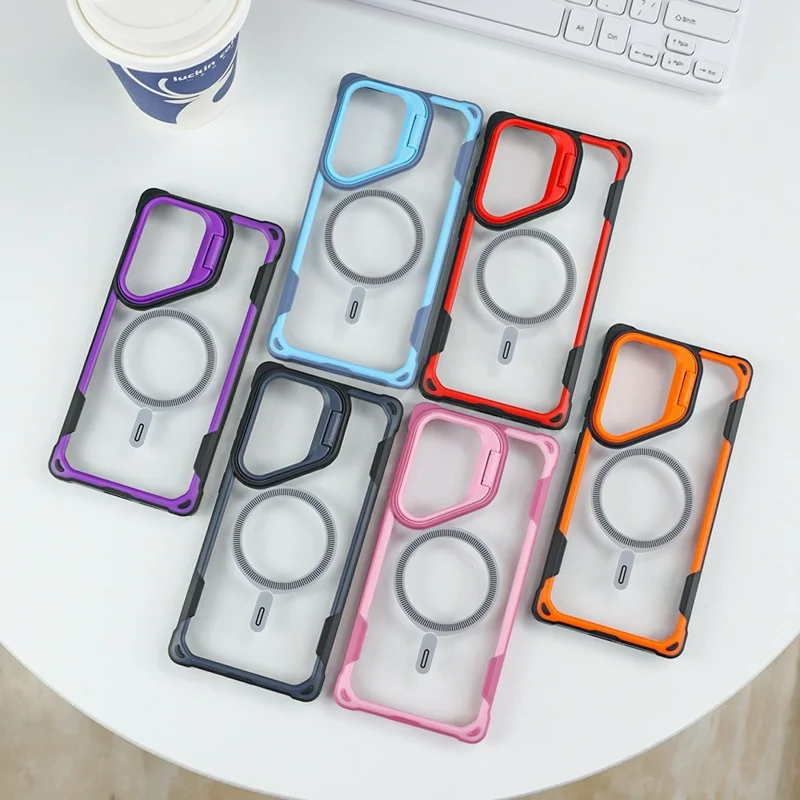 Bulk Purchasing For Samsung Galaxy S24 Ultra Magnetic Case with Lens Kickstand TPU PC Acrylic Phone Back Cover - Navy Blue