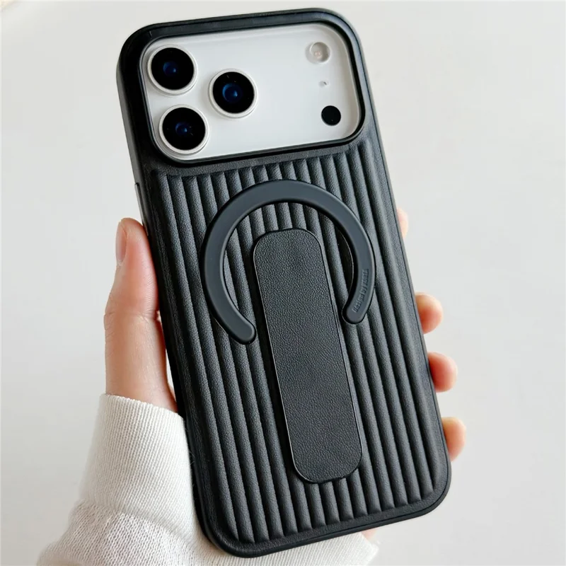 For iPhone 17 Pro Magnetic Case Sliding Foldable Kickstand Corrugated PU Leather + PC Phone Cover Compatible with MagSafe - Black