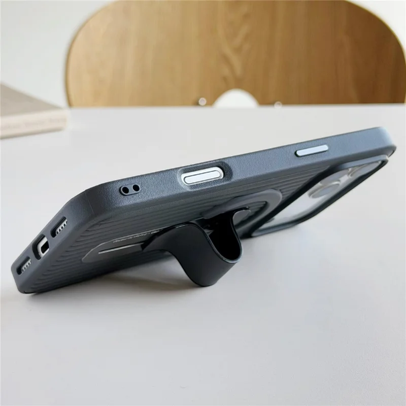 For iPhone 17 Pro Magnetic Case Sliding Foldable Kickstand Corrugated PU Leather + PC Phone Cover Compatible with MagSafe - Black