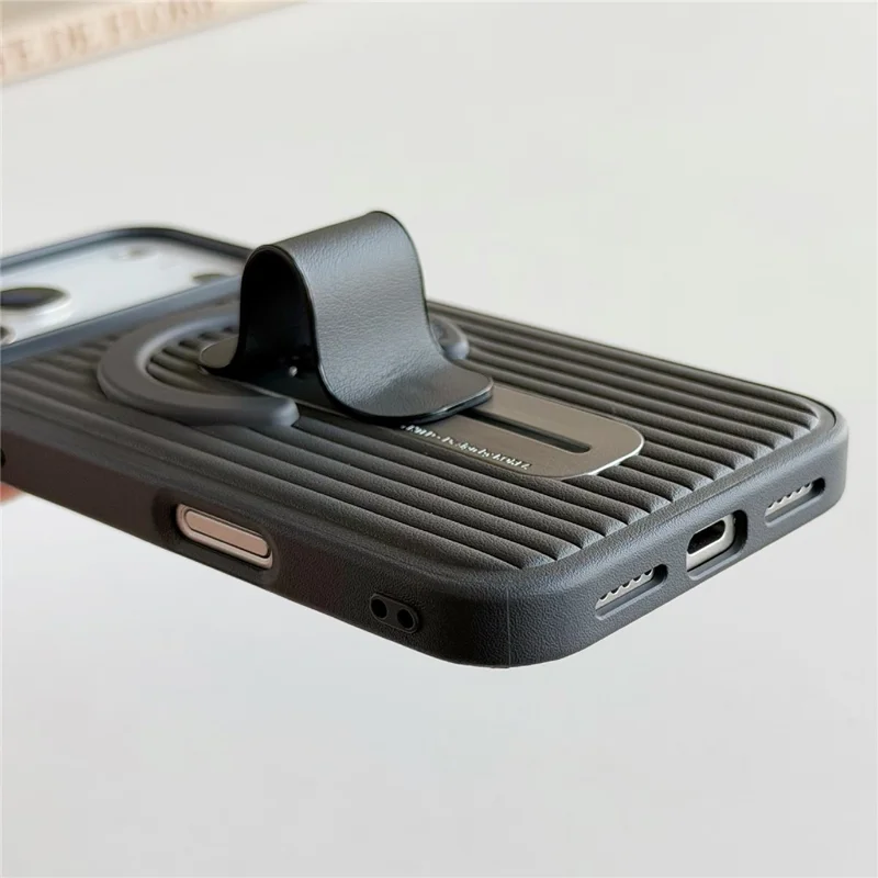 For iPhone 17 Pro Magnetic Case Sliding Foldable Kickstand Corrugated PU Leather + PC Phone Cover Compatible with MagSafe - Black