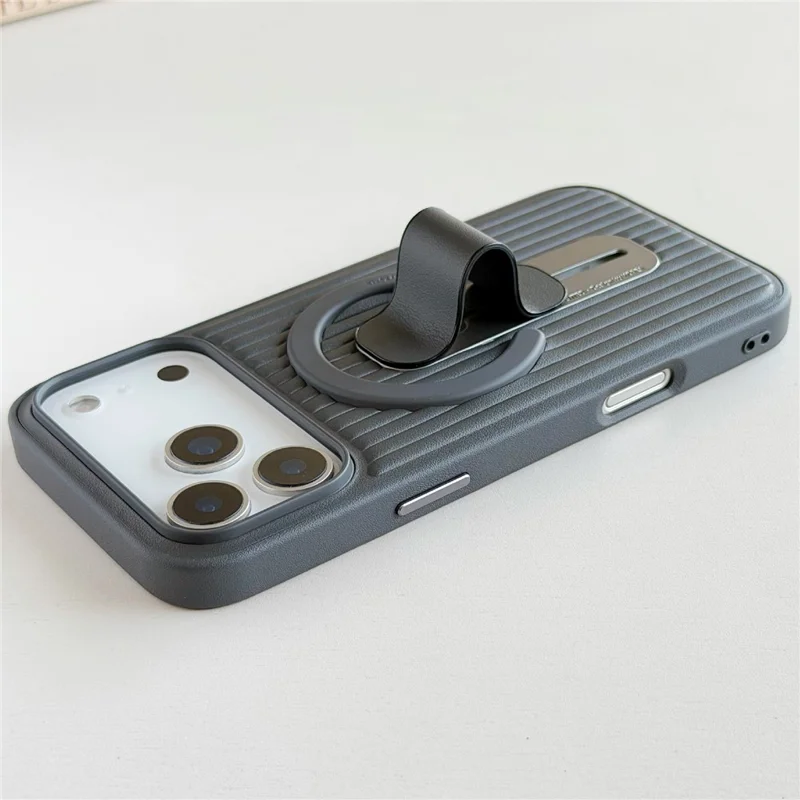 For iPhone 17 Pro Magnetic Case Sliding Foldable Kickstand Corrugated PU Leather + PC Phone Cover Compatible with MagSafe - Black