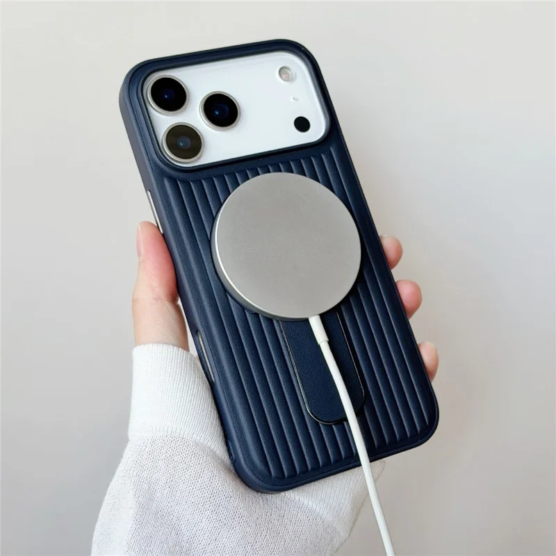 For iPhone 17 Pro Magnetic Case Sliding Foldable Kickstand Corrugated PU Leather + PC Phone Cover Compatible with MagSafe - Black