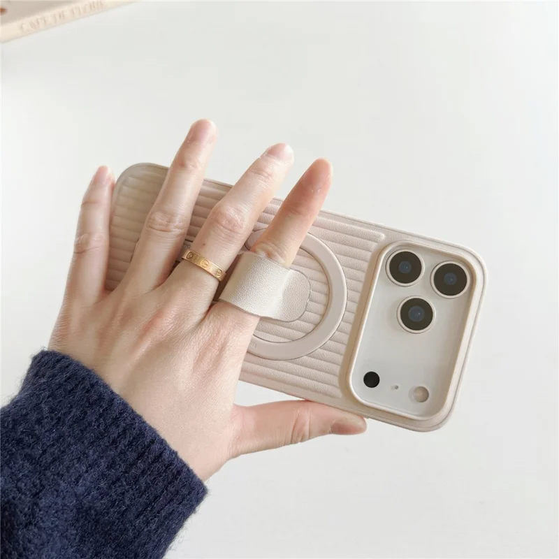 For iPhone 17 Pro Magnetic Case Sliding Foldable Kickstand Corrugated PU Leather + PC Phone Cover Compatible with MagSafe - Black