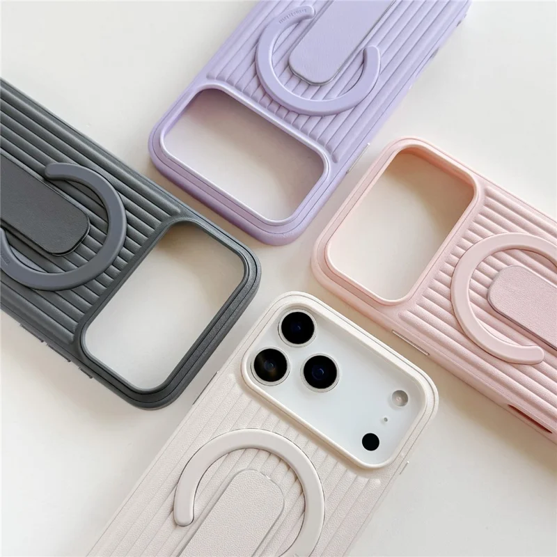 For iPhone 17 Pro Magnetic Case Sliding Foldable Kickstand Corrugated PU Leather + PC Phone Cover Compatible with MagSafe - Black