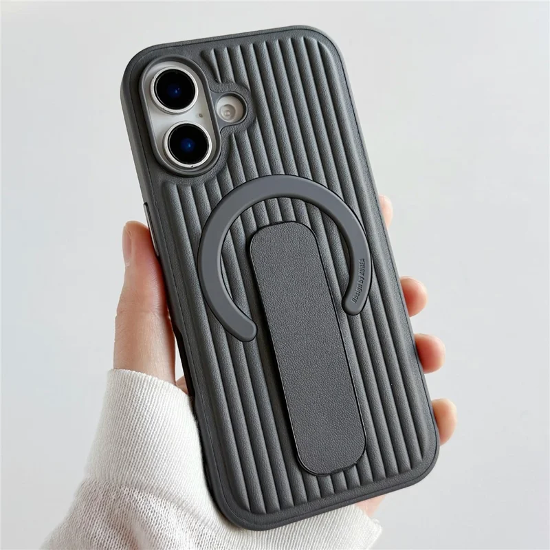 For iPhone 17 Magnetic Case Sliding Foldable Kickstand Corrugated PU Leather + PC Phone Cover Compatible with MagSafe - Grey