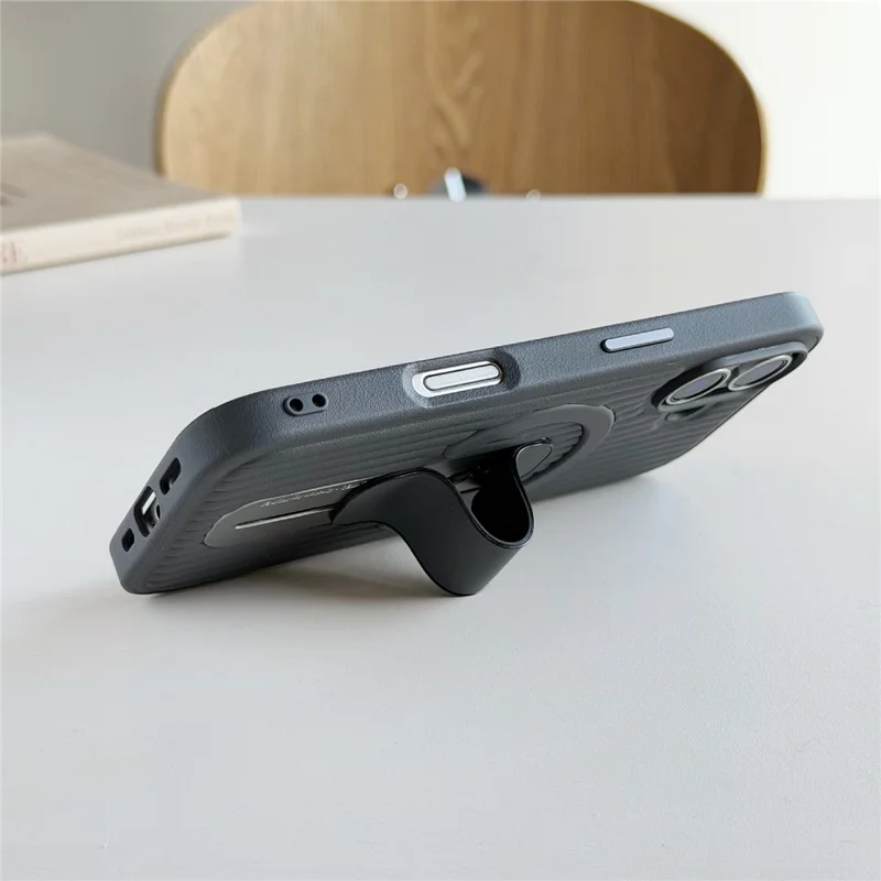 For iPhone 17 Magnetic Case Sliding Foldable Kickstand Corrugated PU Leather + PC Phone Cover Compatible with MagSafe - Grey