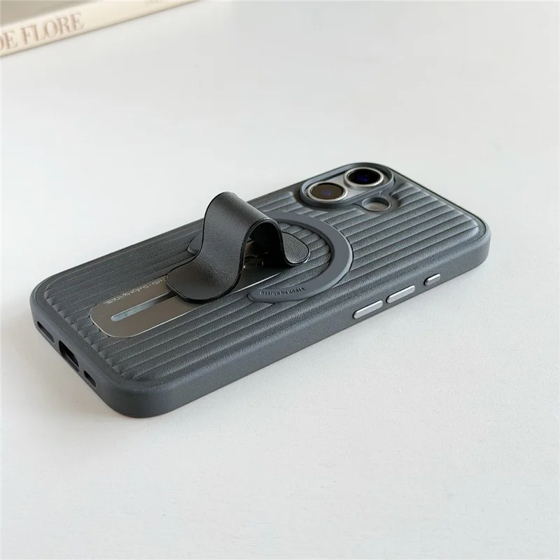 For iPhone 17 Magnetic Case Sliding Foldable Kickstand Corrugated PU Leather + PC Phone Cover Compatible with MagSafe - Grey