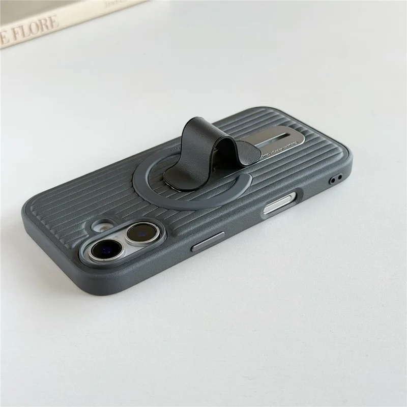 For iPhone 17 Magnetic Case Sliding Foldable Kickstand Corrugated PU Leather + PC Phone Cover Compatible with MagSafe - Grey
