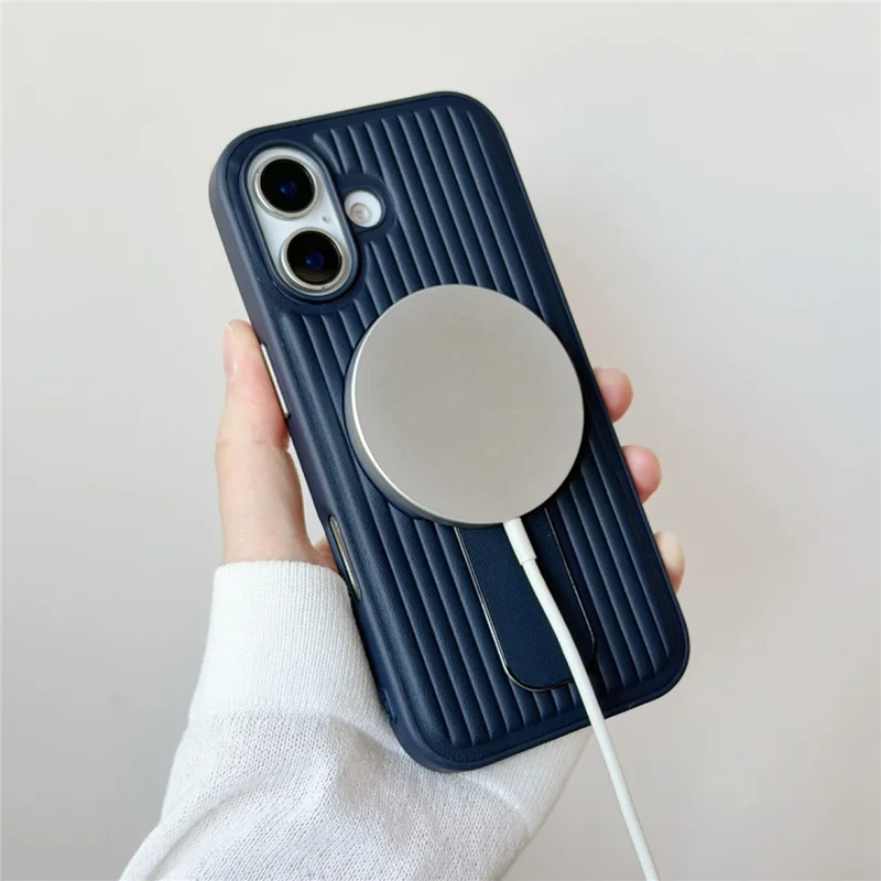 For iPhone 17 Magnetic Case Sliding Foldable Kickstand Corrugated PU Leather + PC Phone Cover Compatible with MagSafe - Grey