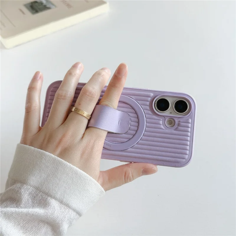 For iPhone 17 Magnetic Case Sliding Foldable Kickstand Corrugated PU Leather + PC Phone Cover Compatible with MagSafe - Grey