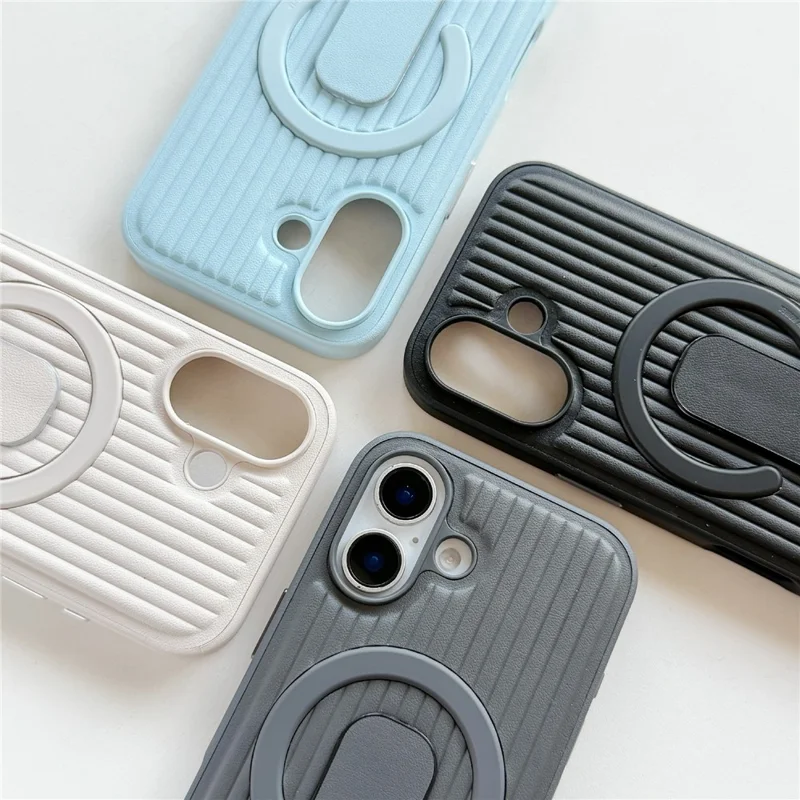 For iPhone 17 Magnetic Case Sliding Foldable Kickstand Corrugated PU Leather + PC Phone Cover Compatible with MagSafe - Grey
