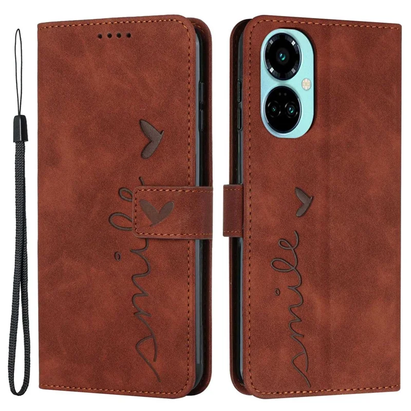 For TECNO Camon 19 Pro 5G PU Leather Folio Flip Cove Imprinted Heart Shape Stand Wallet Phone Case with Strap -  Brown