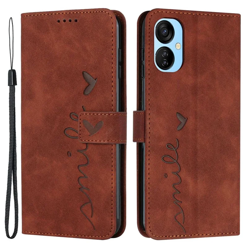 For TECNO Spark 9 Pro 4G Skin-Touch PU Leather Folio Flip Cove Imprinted Heart Shape Stand Function Wallet Phone Case with Strap -  Brown