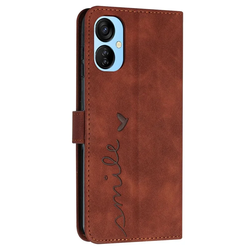 For TECNO Spark 9 Pro 4G Skin-Touch PU Leather Folio Flip Cove Imprinted Heart Shape Stand Function Wallet Phone Case with Strap -  Brown