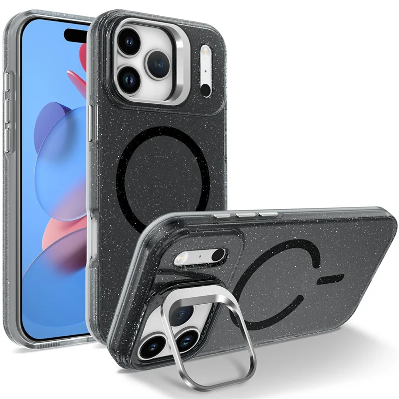 For Samsung Galaxy S26 Ultra Magnetic Case Shockproof TPU PC Glitter Phone Cover with Lens Frame Kickstand - Transparent Black