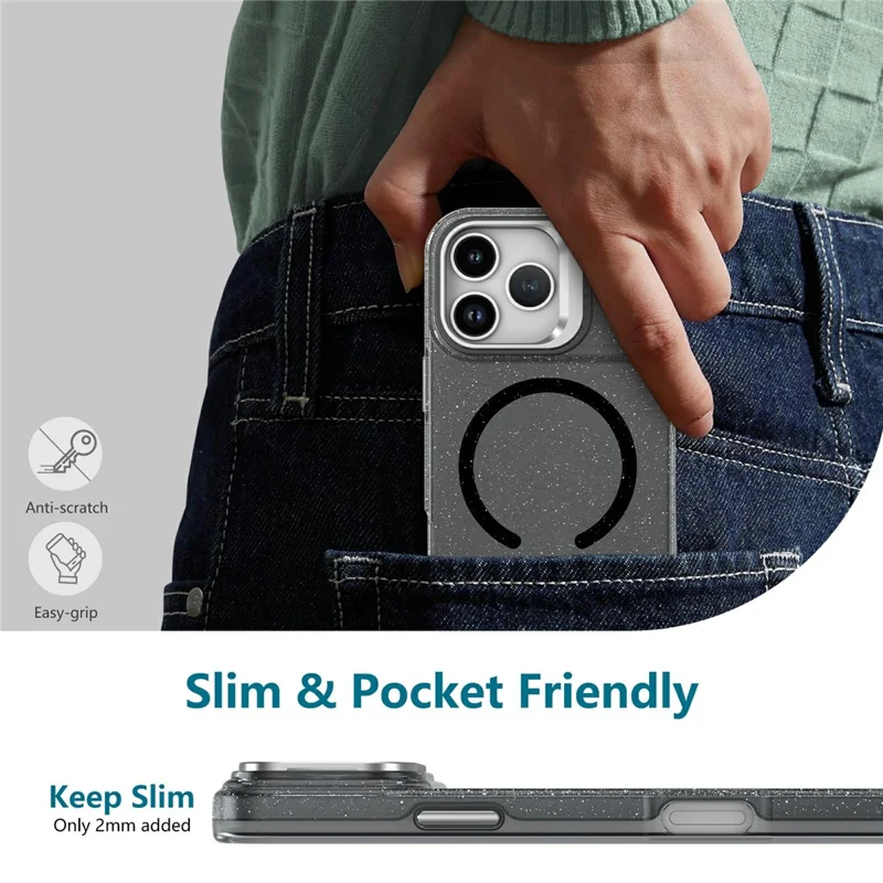 For Samsung Galaxy S26 Ultra Magnetic Case Shockproof TPU PC Glitter Phone Cover with Lens Frame Kickstand - Transparent Black