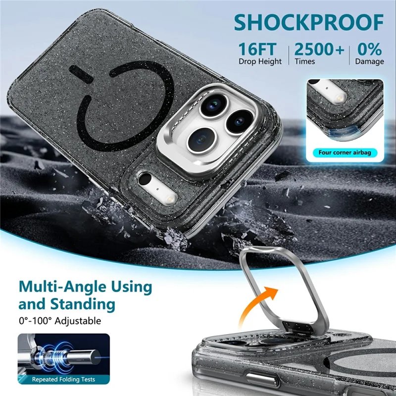 For Samsung Galaxy S26 Ultra Magnetic Case Shockproof TPU PC Glitter Phone Cover with Lens Frame Kickstand - Transparent Black