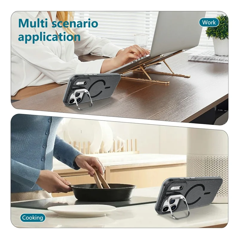 For Samsung Galaxy S26 Ultra Magnetic Case Shockproof TPU PC Glitter Phone Cover with Lens Frame Kickstand - Transparent Black