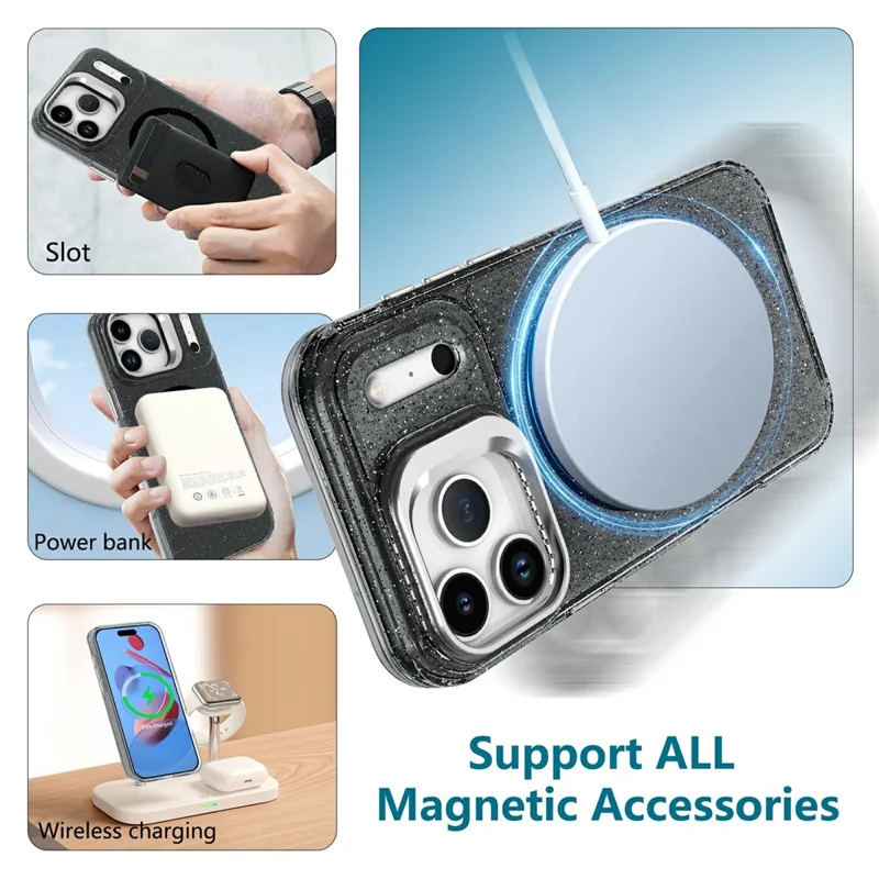 For Samsung Galaxy S26 Ultra Magnetic Case Shockproof TPU PC Glitter Phone Cover with Lens Frame Kickstand - Transparent Black