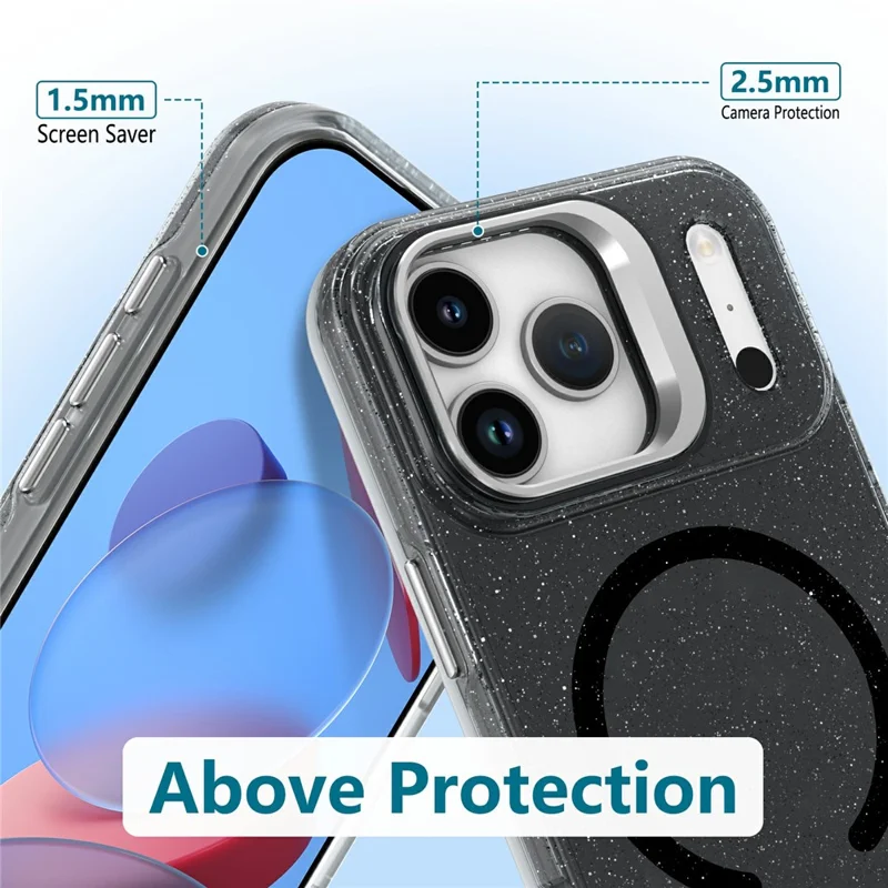 For Samsung Galaxy S26 Ultra Magnetic Case Shockproof TPU PC Glitter Phone Cover with Lens Frame Kickstand - Transparent Black