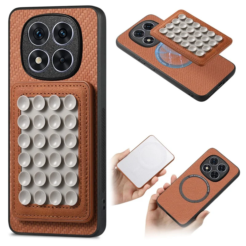 For Xiaomi Redmi Note 15 Pro+ 5G (Global) Case Carbon Fiber Texture Leather Back Cover with Magnetic Detachable Suction Cup - Brown