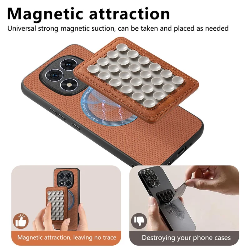 For Xiaomi Redmi Note 15 Pro+ 5G (Global) Case Carbon Fiber Texture Leather Back Cover with Magnetic Detachable Suction Cup - Brown