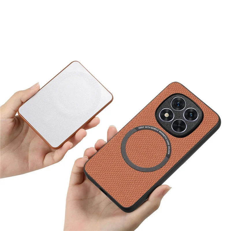 For Xiaomi Redmi Note 15 Pro+ 5G (Global) Case Carbon Fiber Texture Leather Back Cover with Magnetic Detachable Suction Cup - Brown