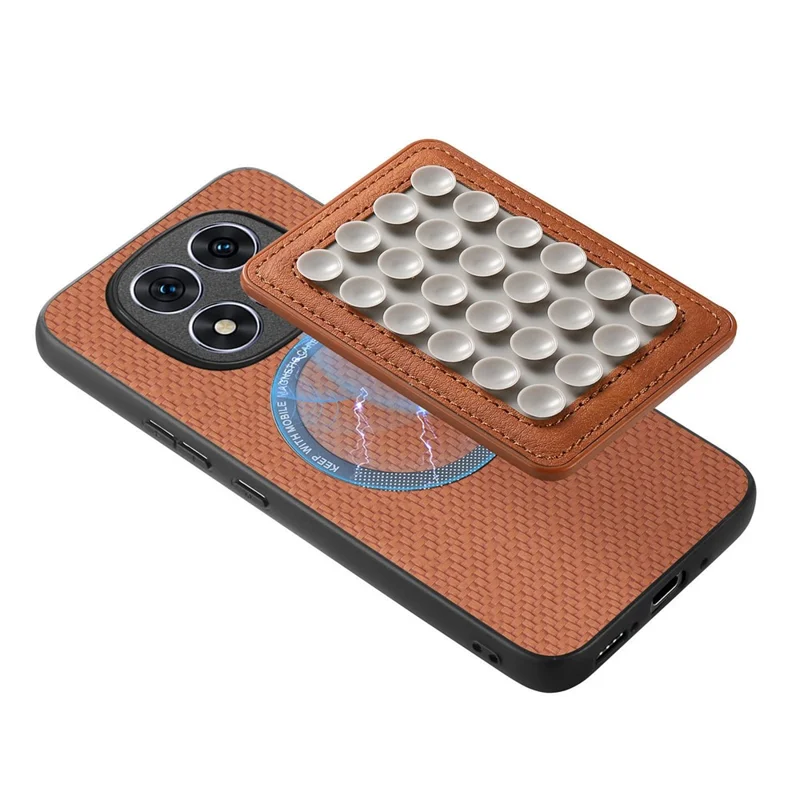 For Xiaomi Redmi Note 15 Pro+ 5G (Global) Case Carbon Fiber Texture Leather Back Cover with Magnetic Detachable Suction Cup - Brown
