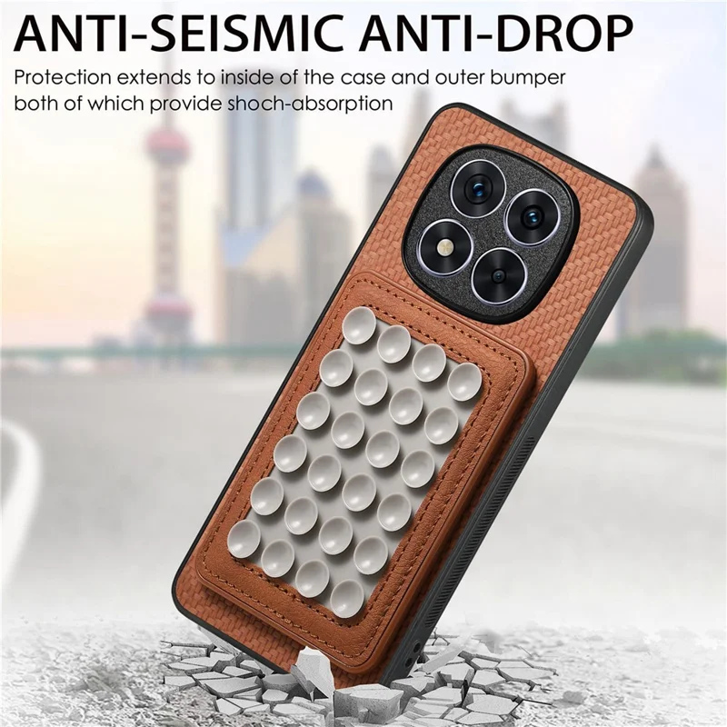 For Xiaomi Redmi Note 15 Pro+ 5G (Global) Case Carbon Fiber Texture Leather Back Cover with Magnetic Detachable Suction Cup - Brown