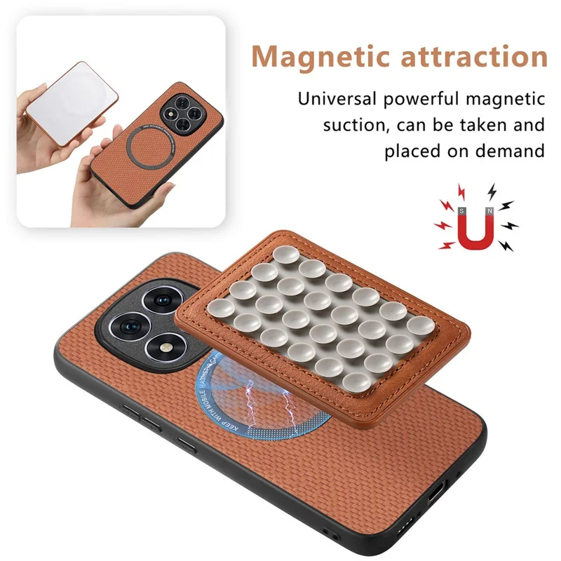 For Xiaomi Redmi Note 15 Pro+ 5G (Global) Case Carbon Fiber Texture Leather Back Cover with Magnetic Detachable Suction Cup - Brown