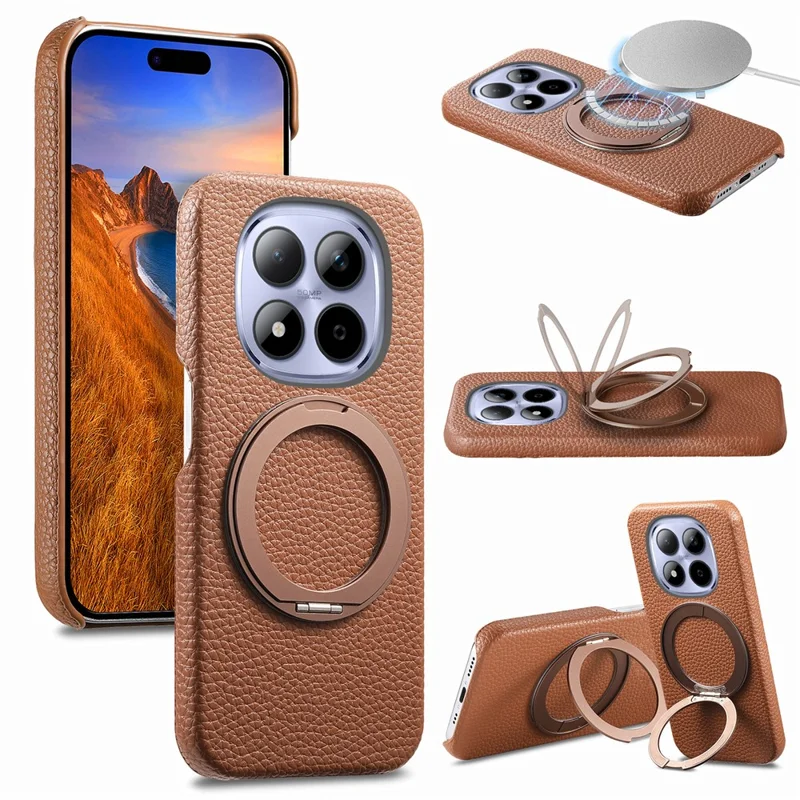 For Xiaomi Redmi Note 15 Pro+ 5G (Global) Magnetic Case PC PU Phone Cover with 360 Rotating Ring Kickstand - Brown