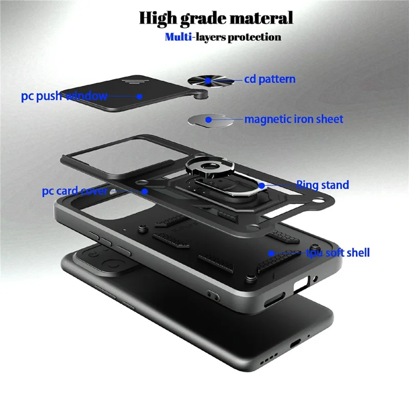 Funda para Realme 16 Pro+ 5G con tapa deslizante para cámara, carcasa con soporte plegable de PC + TPU - Negro