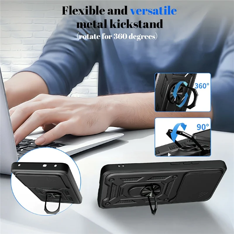 Funda para Realme 16 Pro+ 5G con tapa deslizante para cámara, carcasa con soporte plegable de PC + TPU - Negro