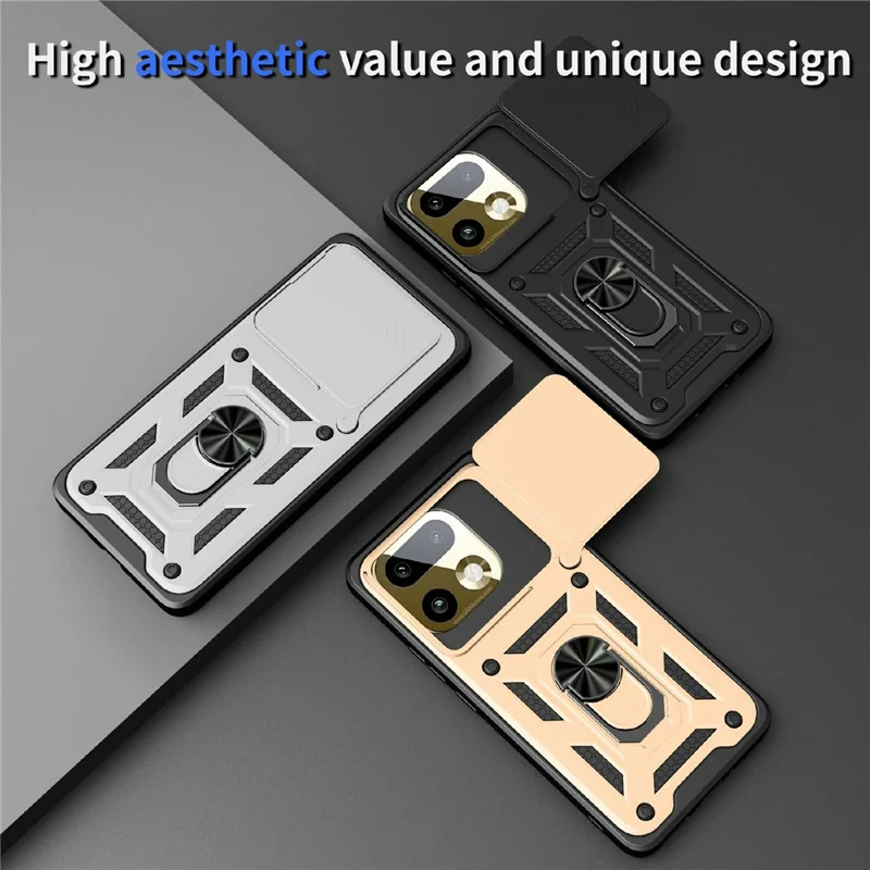 Funda para Realme 16 Pro+ 5G con tapa deslizante para cámara, carcasa con soporte plegable de PC + TPU - Negro