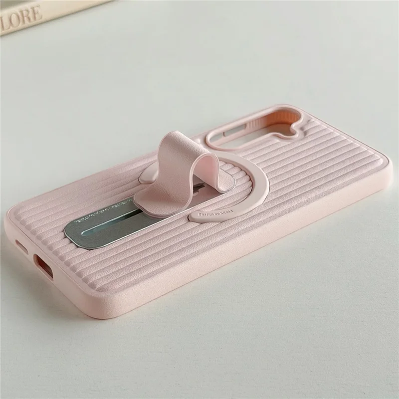 For Samsung Galaxy S25 Magnetic Case Sliding Foldable Kickstand Corrugated PU Leather + PC Phone Cover - Pink