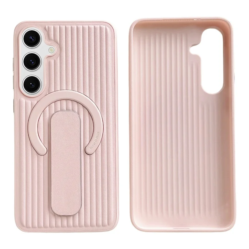 For Samsung Galaxy S25+ Magnetic Case Sliding Foldable Kickstand Corrugated PU Leather + PC Phone Cover - Pink