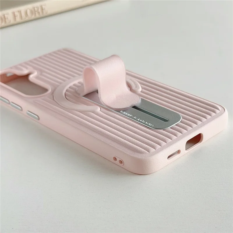 For Samsung Galaxy S25+ Magnetic Case Sliding Foldable Kickstand Corrugated PU Leather + PC Phone Cover - Pink