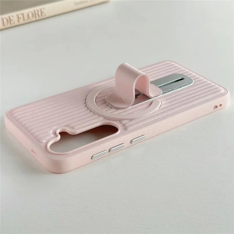 For Samsung Galaxy S25+ Magnetic Case Sliding Foldable Kickstand Corrugated PU Leather + PC Phone Cover - Pink