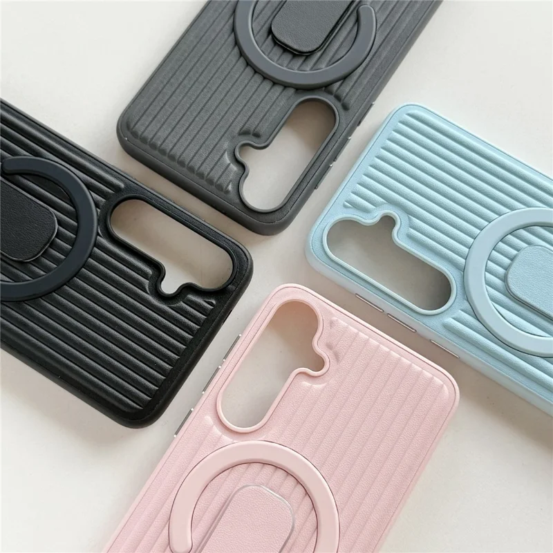 For Samsung Galaxy S25+ Magnetic Case Sliding Foldable Kickstand Corrugated PU Leather + PC Phone Cover - Pink