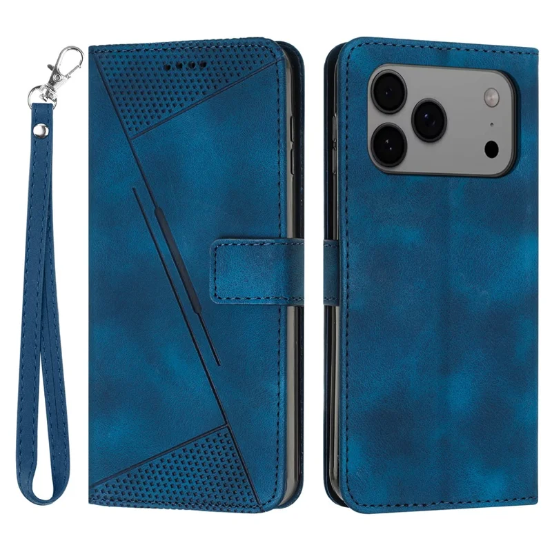 Bulk Purchasing For iPhone 17 Pro Max Leather Wallet Case Imprinted Triangle Phone Cover with Wrist Strap - Blue