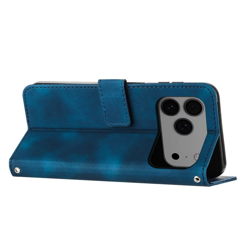 Bulk Purchasing For iPhone 17 Pro Max Leather Wallet Case Imprinted Triangle Phone Cover with Wrist Strap - Blue