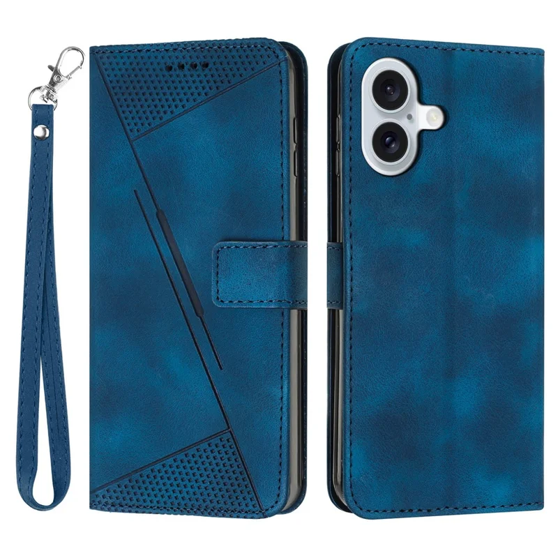 Compra al por mayor para funda cartera de cuero para iPhone 16 con diseño de triángulo decorado y correa de muñeca - Azul